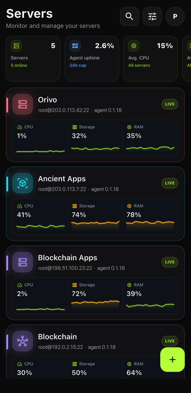 Rootmote servers screen